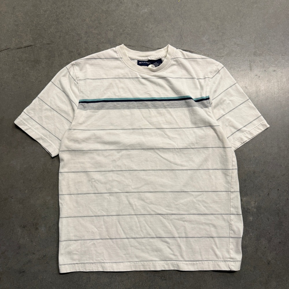 Puritan Mens Large White Striped Short Sleeve Crewneck T-Shirt Teal Navy Grey